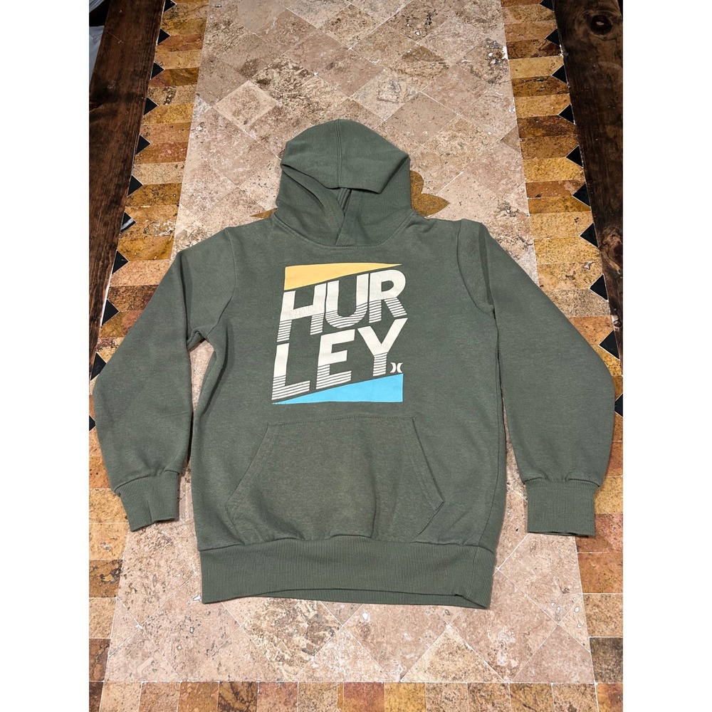 Hurley Kids Large Olive Green Graphic Logo Pullover Hoodie Sweatshirt L 12-13Y